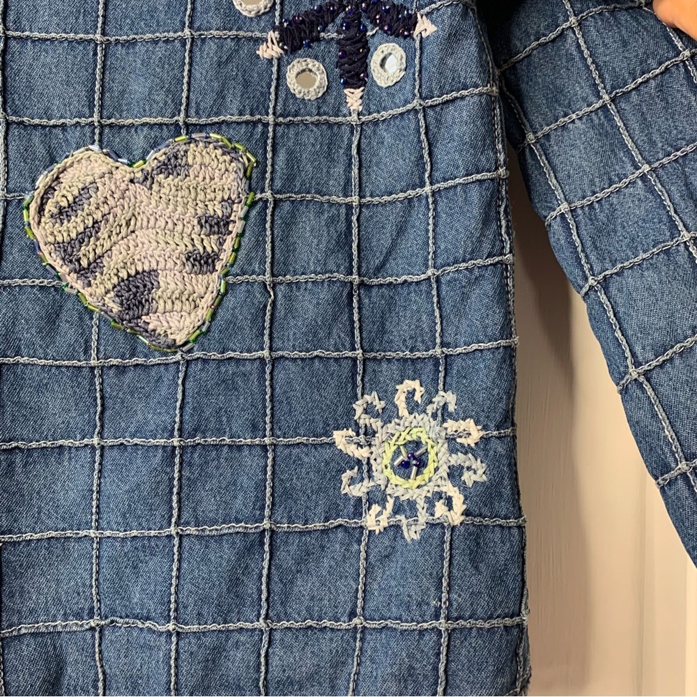 Blue Bayou Patchwork Embroidered Crochet Beaded Boho Denm jacket Women Size US S - Picture 6 of 16